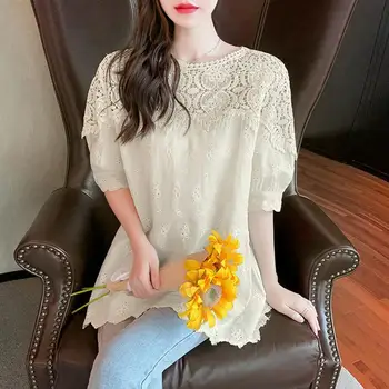 Хлопковая рубашка с вышивкой и короткими рукавами, женская летняя новинка 2023, корейский дизайн, чувство моды, темперамент, повседневные топы