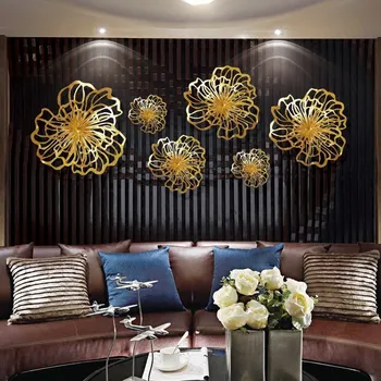 Современные аксессуары для настенной росписи из кованого железа с Золотым цветком, Подвесные поделки для гостиничного клуба, Украшение для гостиной, 3D Наклейка на стену