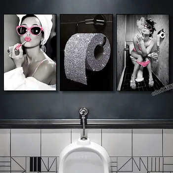 Модница Одри Хепберн Туалетная комната с летучей мышью Настенная роспись на холсте Принты Картины Плакаты для современного дома Декор туалета в баре отеля