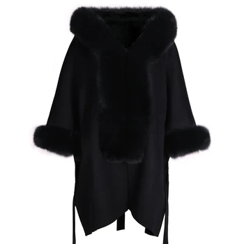 YOLOAgain 2023 Осень Воротник из натурального лисьего меха, 100% Шерстяное пальто, Женское Черное Длинное шерстяное пальто большого размера с капюшоном, женское