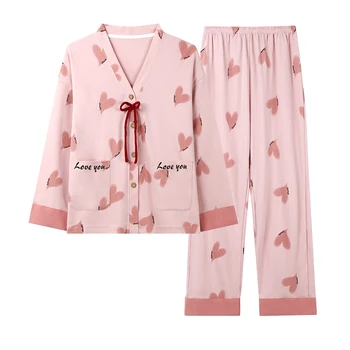 Весенние и осенние женские пижамные комплекты, женская пижама с V-образным вырезом, домашняя одежда из трикотажного хлопка, одежда для сна для девочек