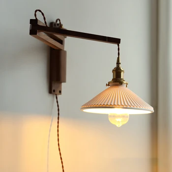 Японский регулируемый настенный светильник из массива дерева, керамический абажур, прикроватная лампа для чтения в спальне, Винтажные светодиодные настенные светильники в стиле ретро