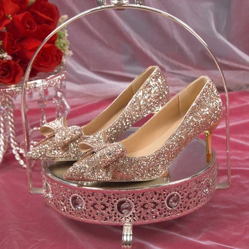 Блестящие женские тапочки на высоком каблуке Sweet Bow Heels 2023 Женские туфли для свадебной вечеринки на тонком высоком каблуке роскошная обувь