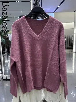 2023 Bazaleas Store Traf женский Свободный пуловер Трикотаж Базовый Розовый свитер смешанной вязки с V образным вырезом Официальная одежда