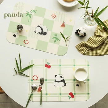 Кожаная салфетка с изображением милой панды и цветка, Противоскользящий мягкий коврик для стола, теплоизоляционный коврик для дома, Обеденный стол, Кухонные принадлежности