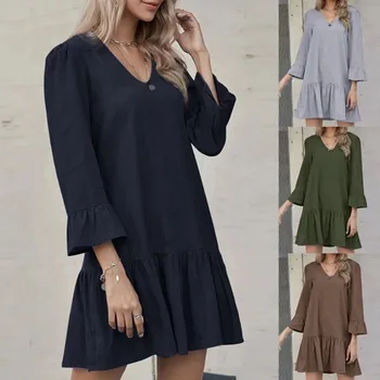 Осеннее женское новое однотонное платье 2023 года с круглым вырезом в европейском американском стиле, с рукавом 3/4, женское плиссированное платье-пуловер