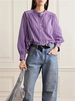 Женская рубашка из 100% хлопка в полоску с круглым вырезом и длинным рукавом, Повседневная модная женская блузка, Топ, Осень 2023