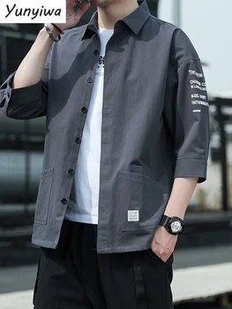 Рубашка-карго, мужская летняя куртка с рукавом Три четверти, Повседневный Универсальный свободный топ Унисекс, Красивая трендовая блузка с инструментами